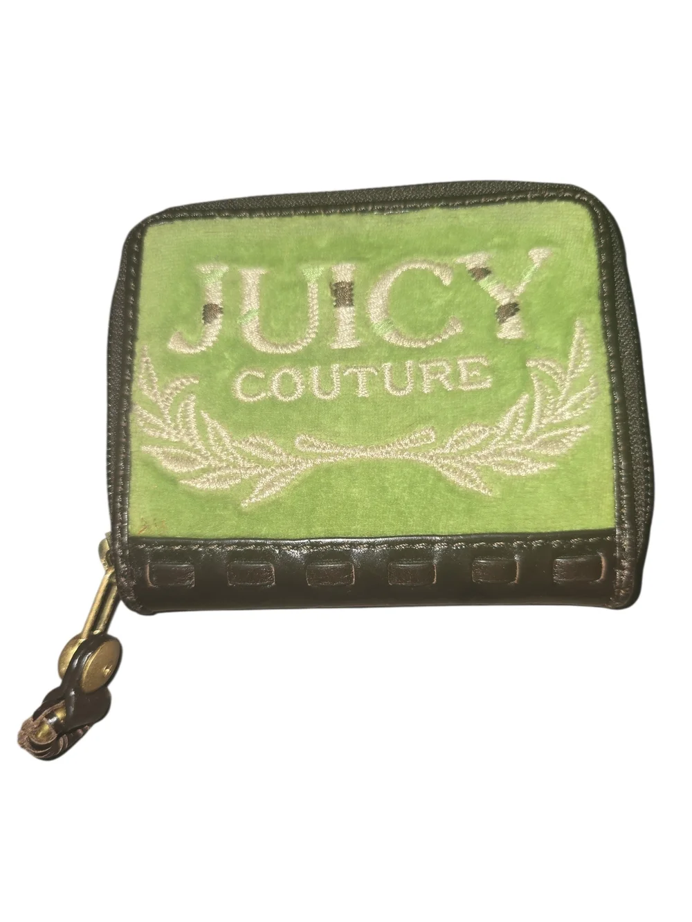 Juicy Couture Lime Green Velvet Zip Around Wallet with Brown Trim